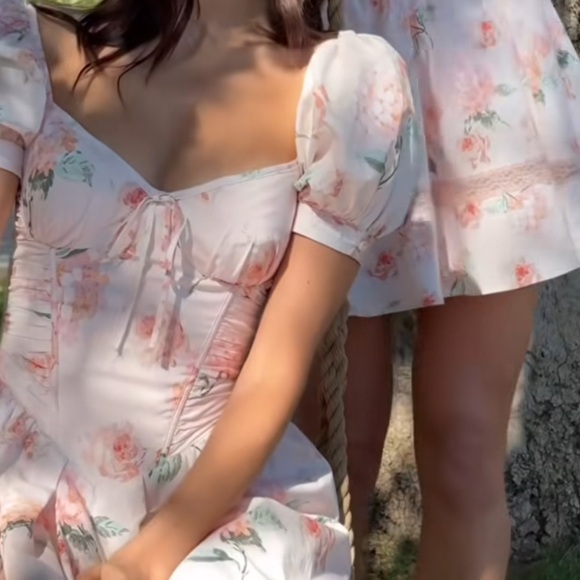 House of CB Lulabell Peach Floral Cotton Puff Sleeve Midi Dress Corset Back A-C - Picture 14 of 15